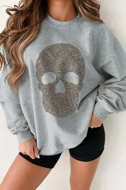 Light Grey Rhinestone Skull Graphic Drop Shoulder Sweatshirt Light Grey 50%Polyester+50%Cotton