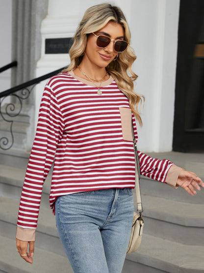 Pocketed Striped Round Neck Long Sleeve T-Shirt Deep Red