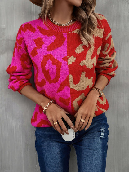 Leopard Round Neck Long Sleeve Sweater Brick Red