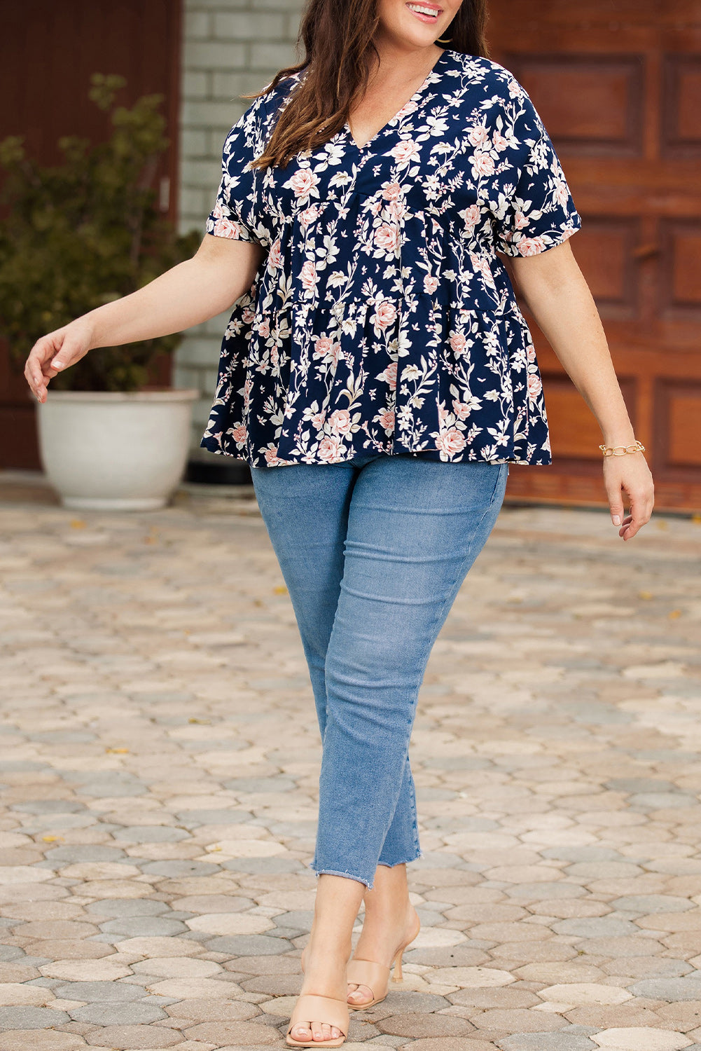 Floral V-Neck Tied Babydoll Blouse