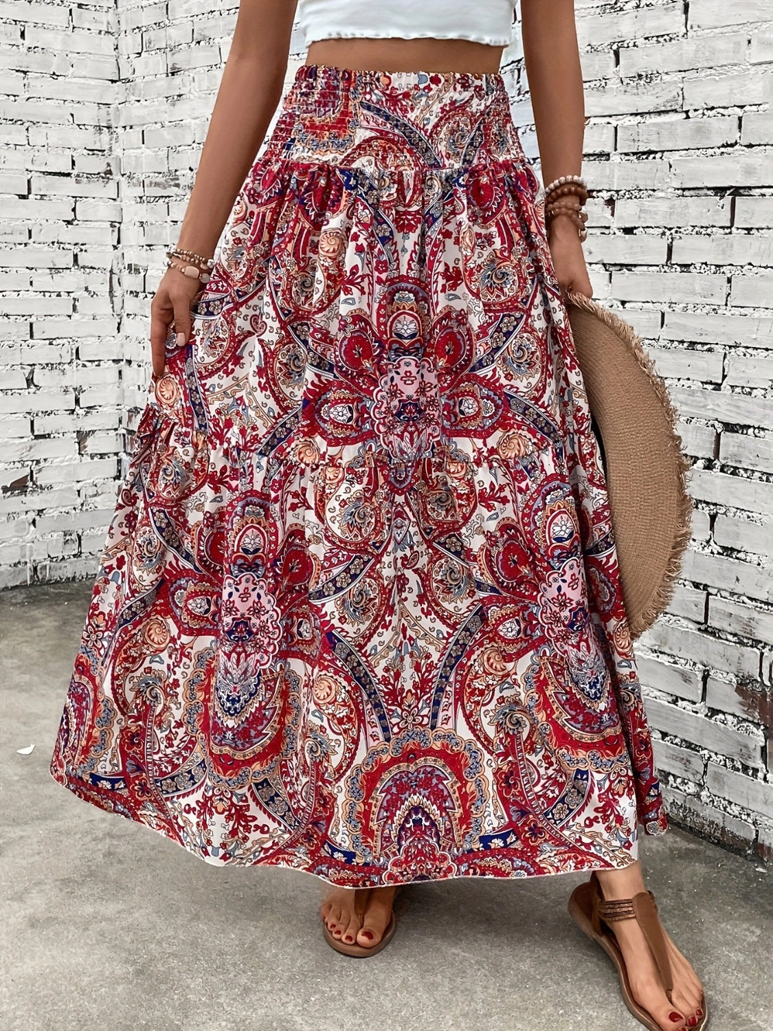 Printed Elastic Waist Maxi Skirt - Thandynie