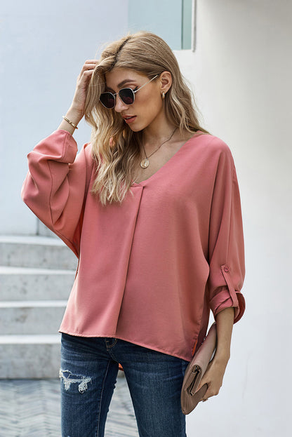 V-Neck Roll-Tab Sleeve Blouse Burnt Coral