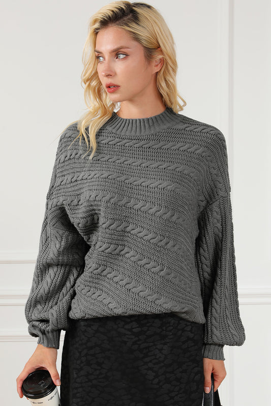 Cable-Knit Mock Neck Dropped Shoulder Sweater Dark Gray