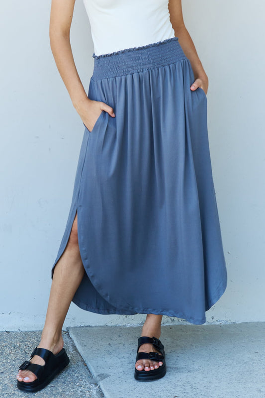 Doublju Comfort Princess Full Size High Waist Scoop Hem Maxi Skirt in Dusty Blue Dusty Blue