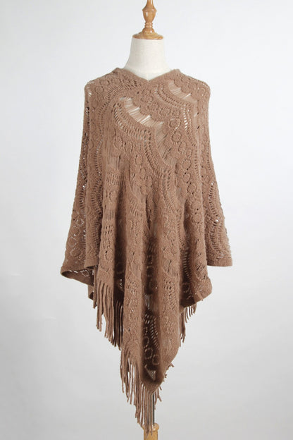 Fringe Openwork Surplice Cape Sleeve Poncho Camel One Size