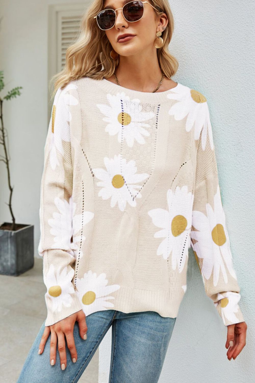 Daisy Print Openwork Round Neck Sweater Beige