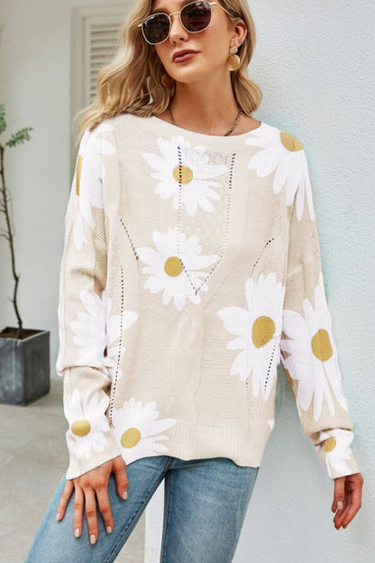 Daisy Print Openwork Round Neck Sweater Beige