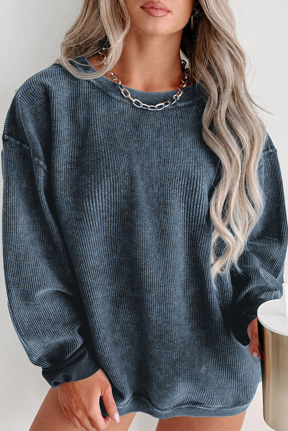 Blue Plus Size Corded Round Neck Sweatshirt