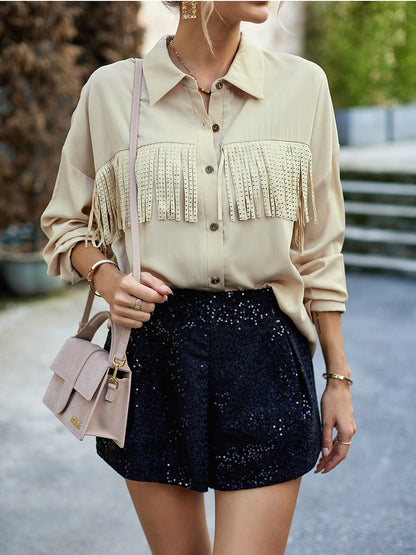 Buttoned Tassel Collared Neck Shirt Cream