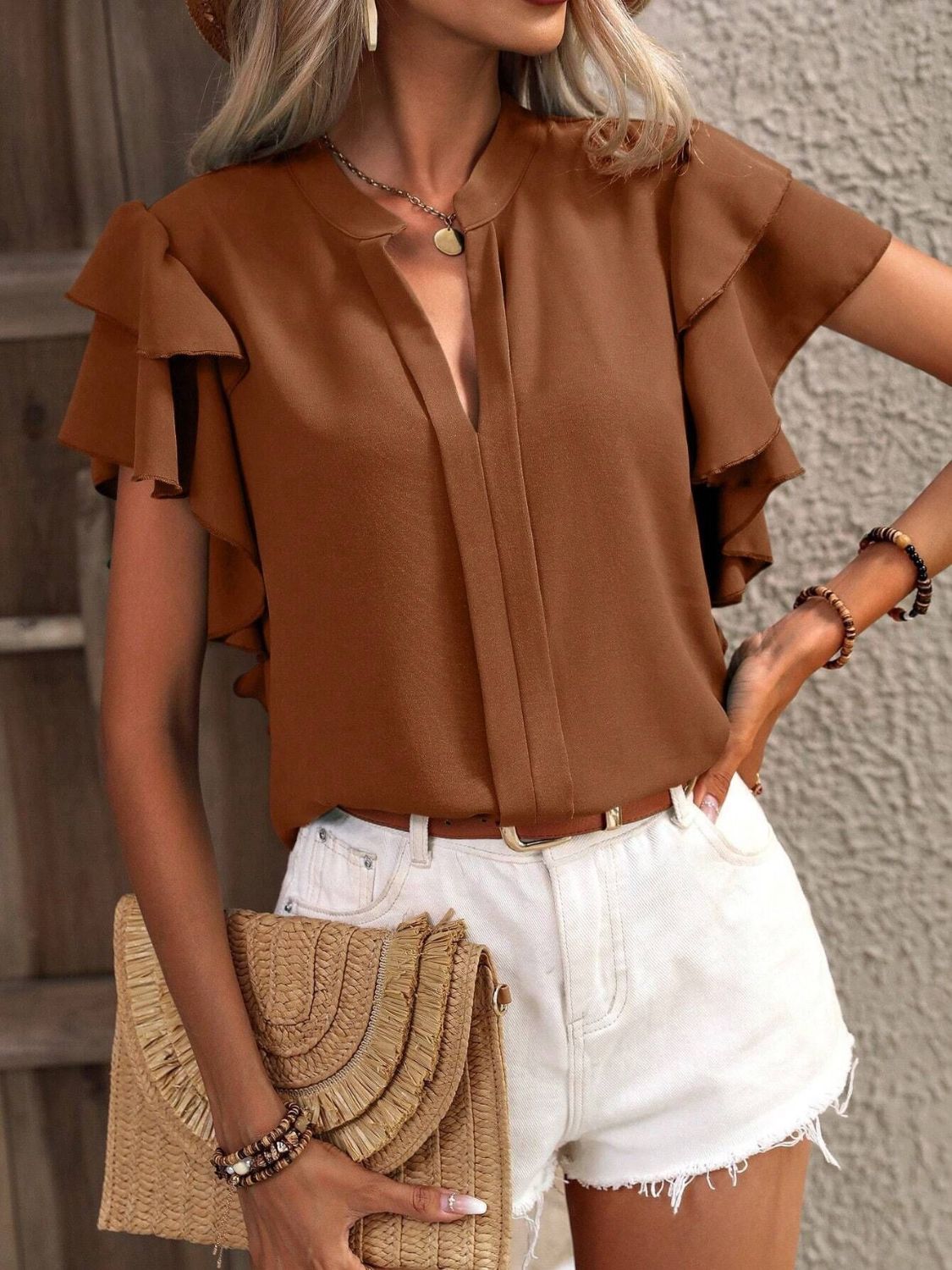 Ruffled Notched Short Sleeve Blouse - Thandynie