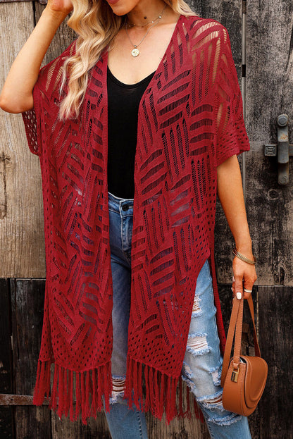 Openwork Open Front Cardigan with Fringes Rust One Size