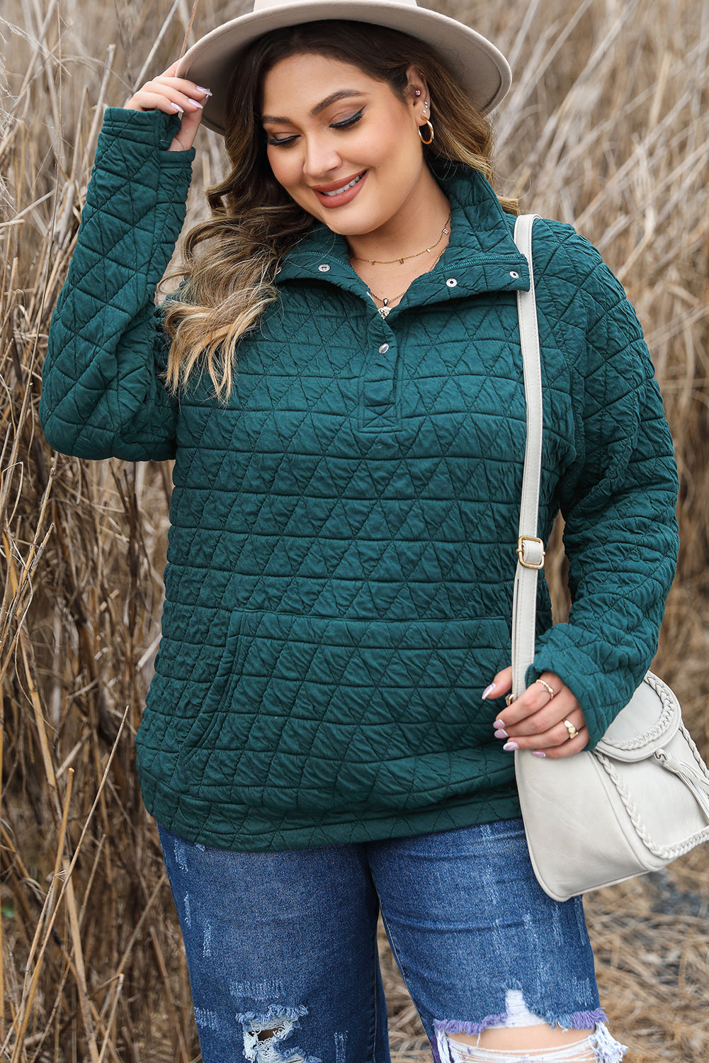 Blackish Green Plus Size Quilted Sweatshirt with Buttoned Neckline & Kangaroo Pocket