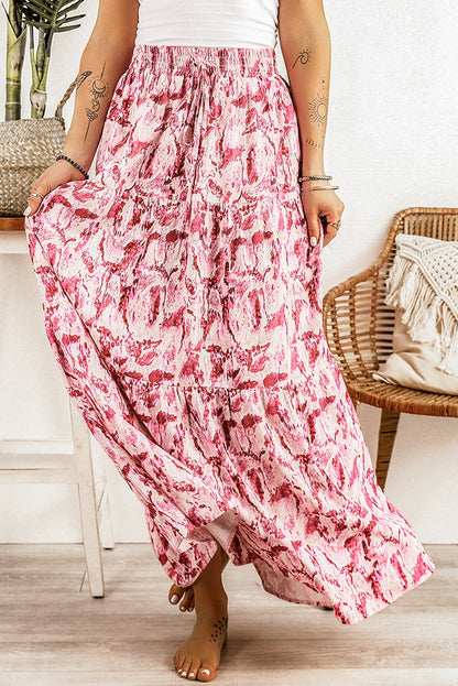 Printed Smocked Waist Maxi Skirt Pink