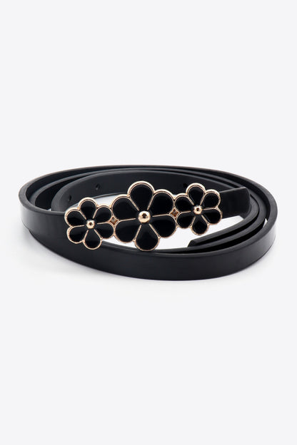 Flower Decor Skinny PU Belt Black One Size