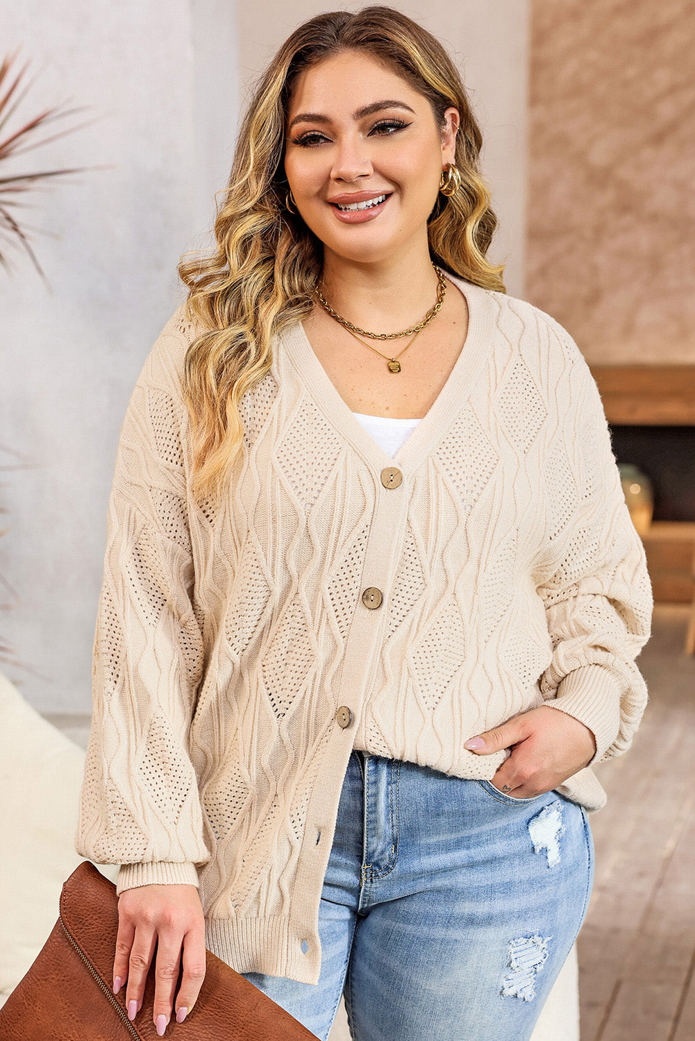 Plus Size Cable-Knit Button Up Sweater Ivory