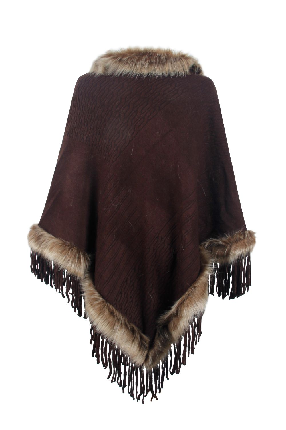 Faux Fur Trim Fringed Poncho - Thandynie