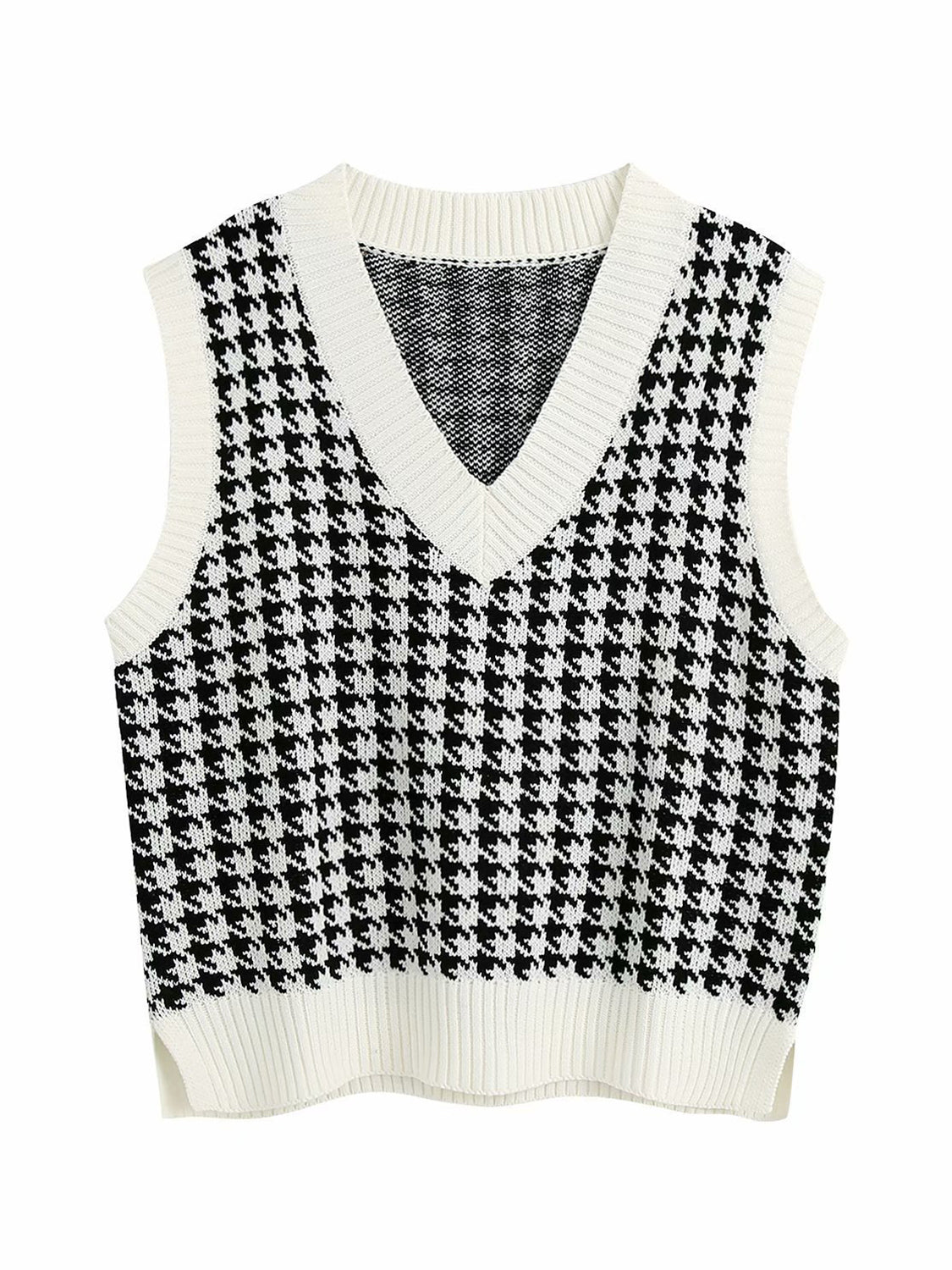 Houndstooth V-Neck Sweater Vest White