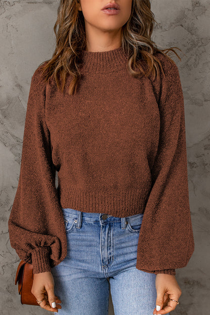 Ribbed Trim Balloon Sleeve Sweater Brown