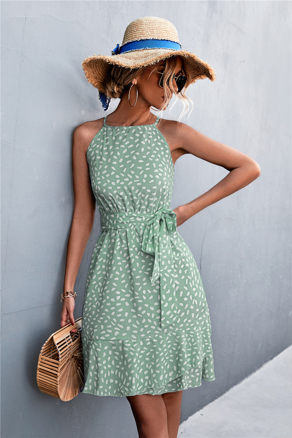 Printed Tie Waist Ruffle Hem Sleeveless Dress Gum Leaf