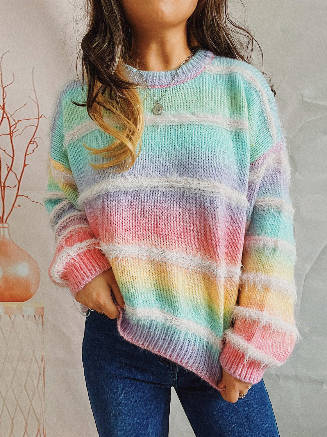 Striped Round Neck Long Sleeve Sweater Multicolor One Size