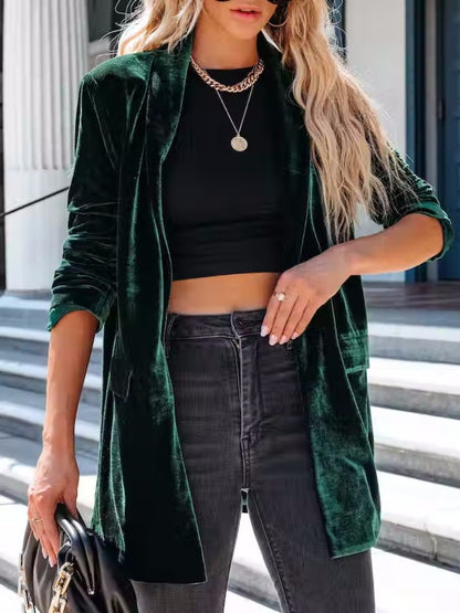 Button Up Long Sleeve Blazer with Pocket Dark Green