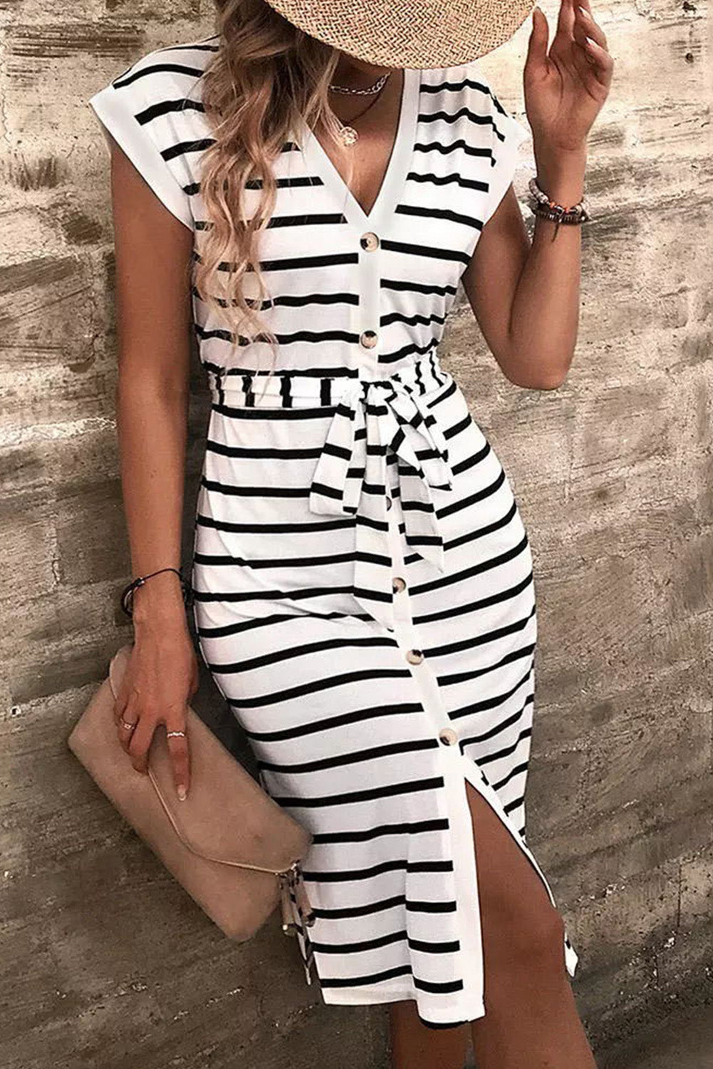 Striped Button Slit Tie V-Neck Midi Dress