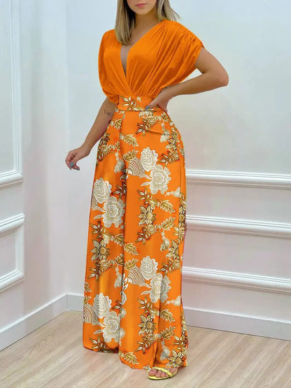 Printed Surplice Top and Wide Leg Pants Set Pumpkin