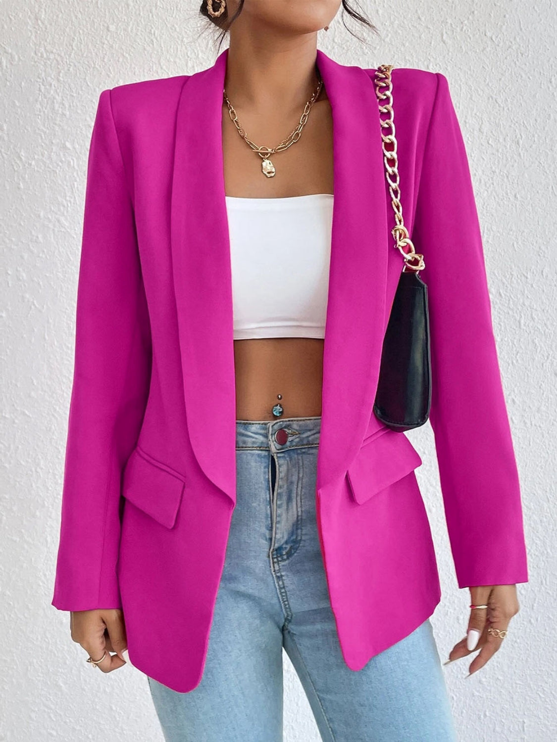 Shawl Collar Long Sleeve Blazer Hot Pink