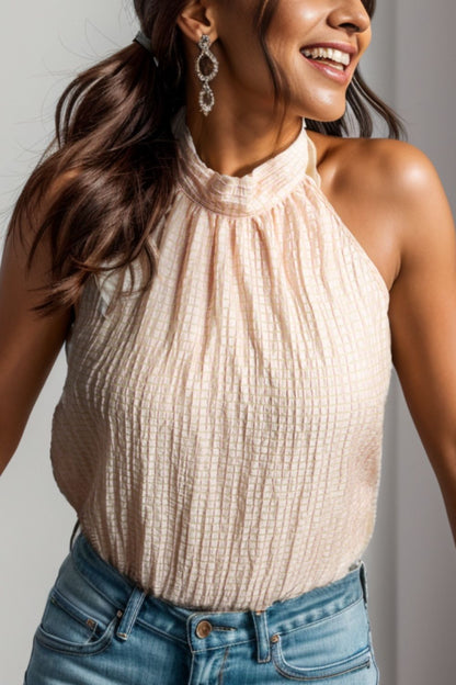 Textured Keyhole Mock Neck Tank Tan