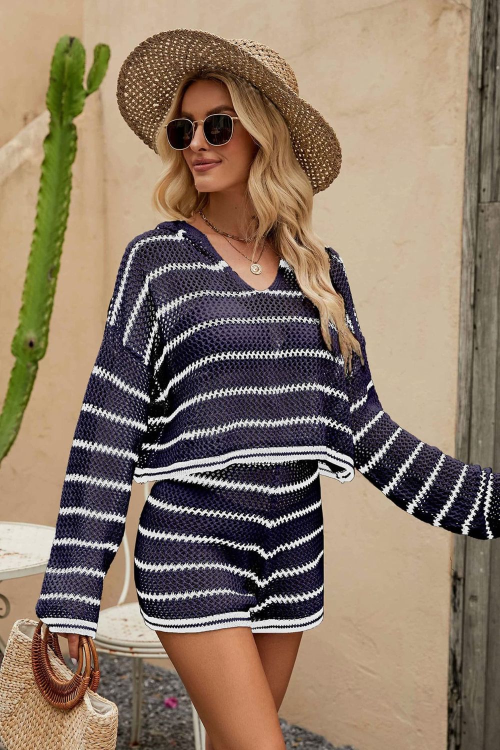 Striped Openwork Knit Hoodie and Shorts Set Dark Blue