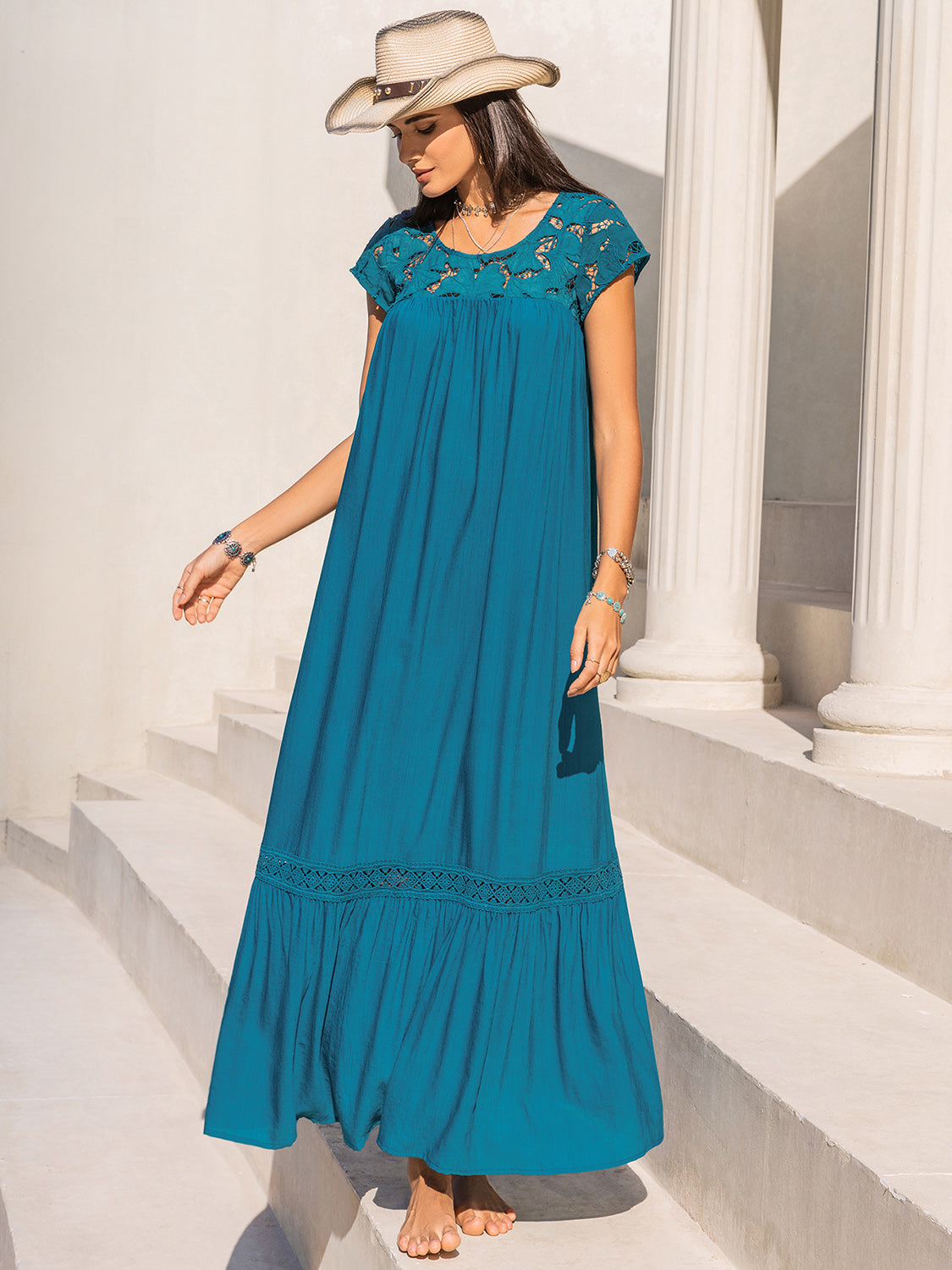 Round Neck Short Sleeve Maxi Dress - Thandynie