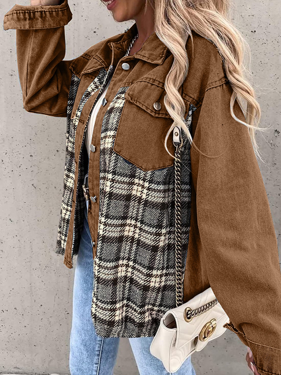 Plaid Button Up Dropped Shoulder Jacket - Thandynie