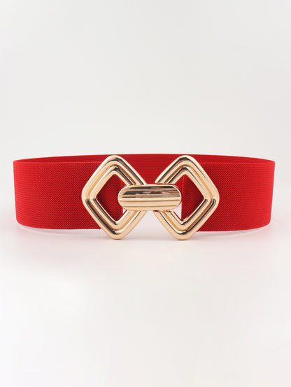 Geometric Buckle Elastic Wide Belt Red One Size