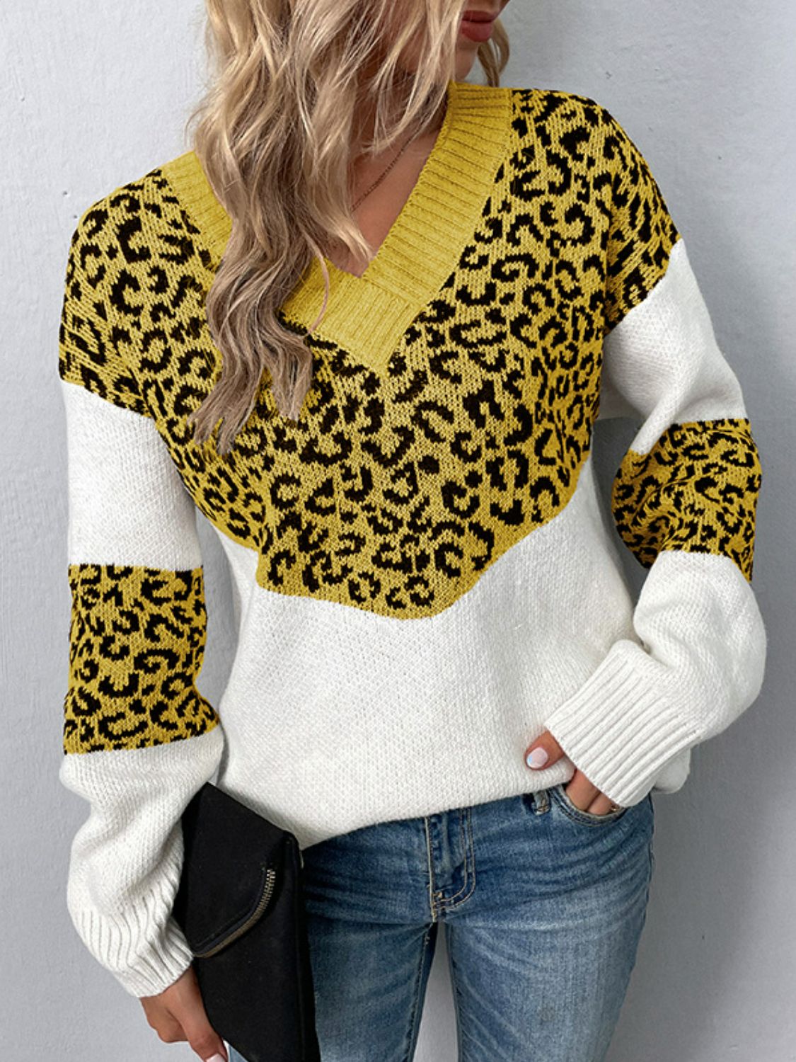 Leopard V-Neck Dropped Shoulder Sweater Honey