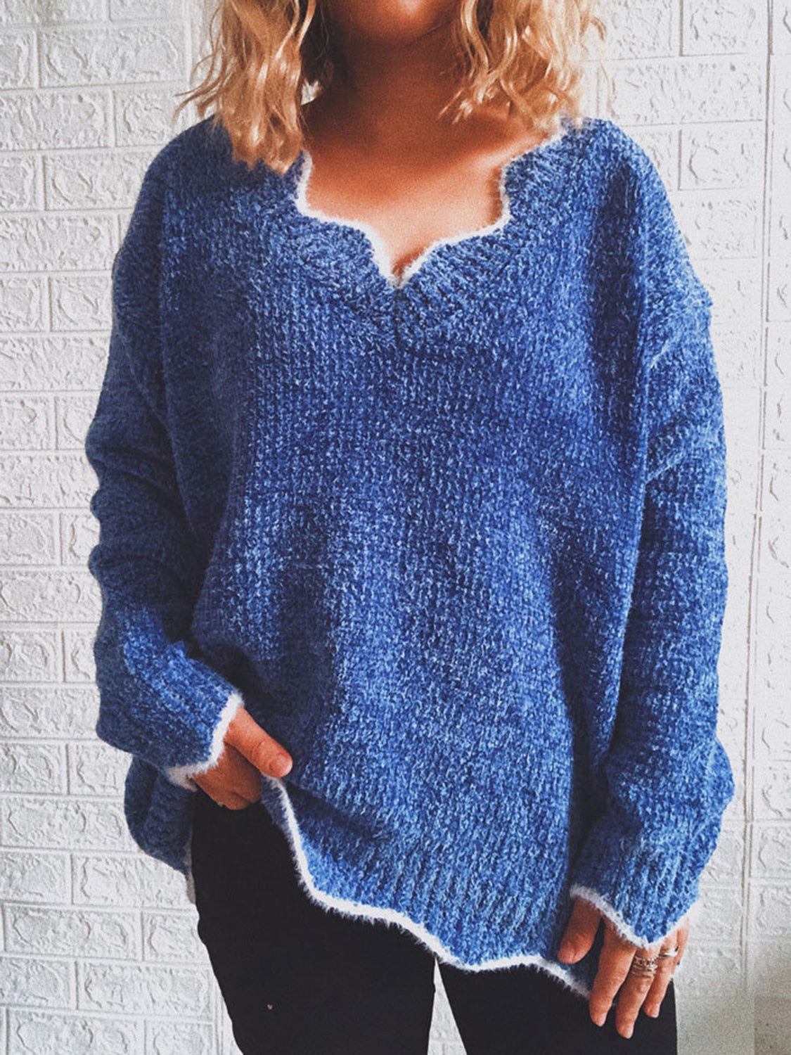 Notched Dropped Shoulder Long Sleeve Sweater Royal Blue