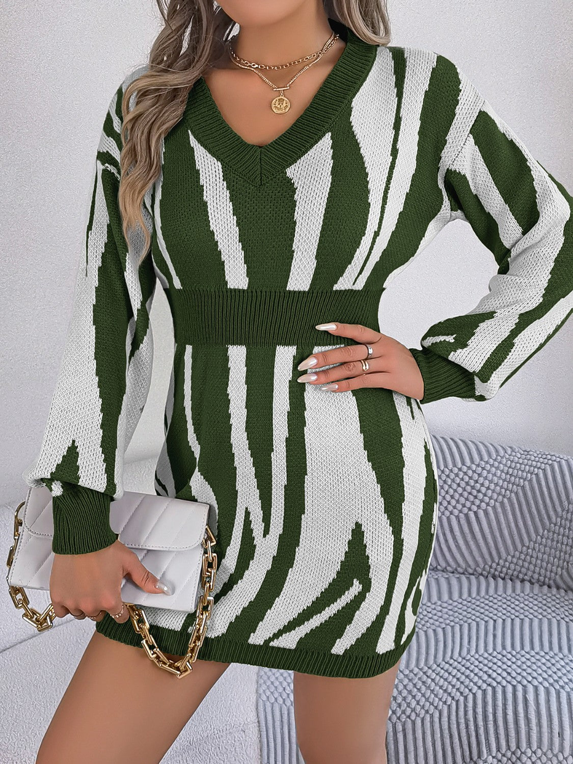 Animal Print V-Neck Long Sleeve Sweater Dress - 100% Acrylic, Moderate Stretch, Machine Washable Army Green