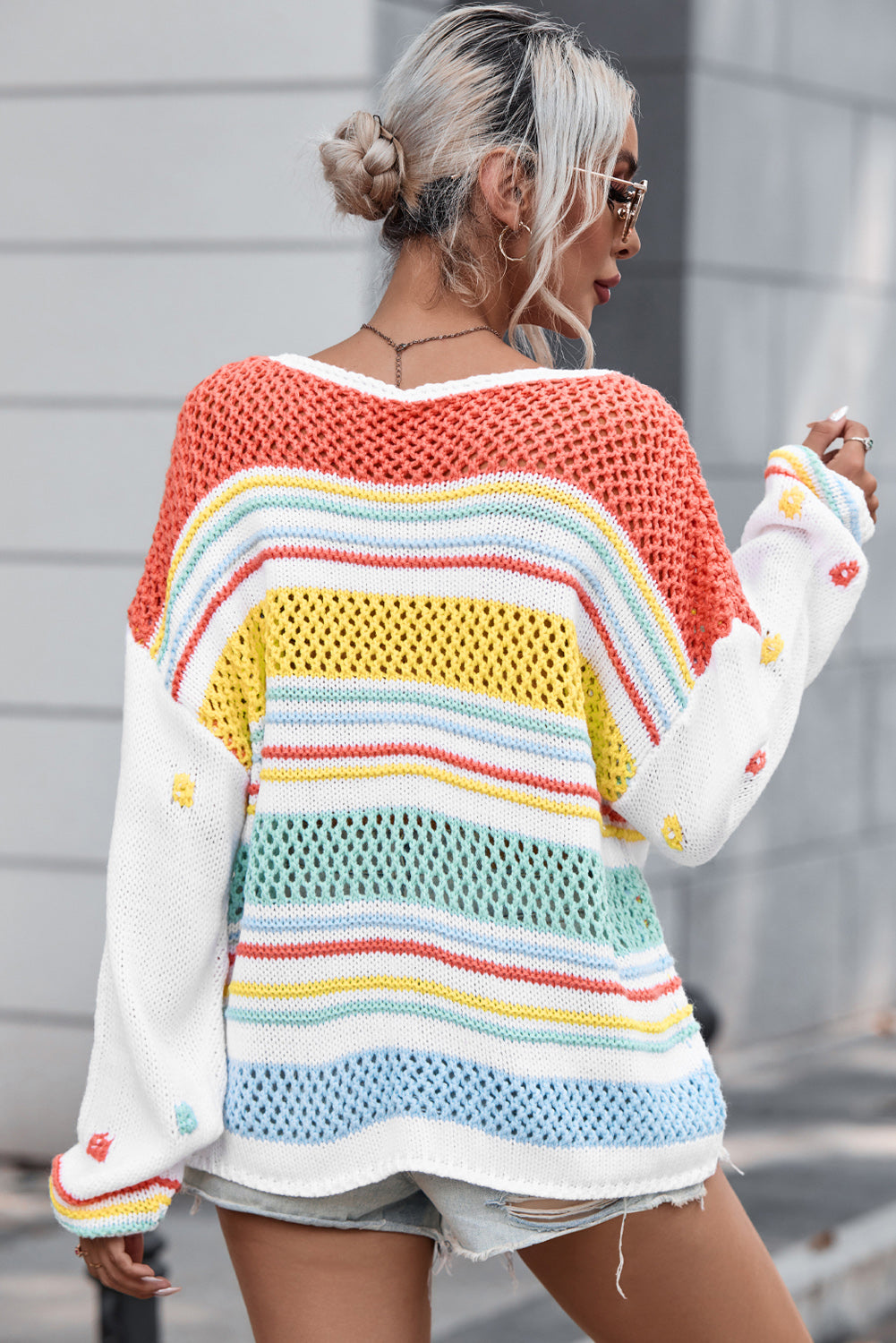 Openwork Striped Round Neck Long Sleeve Sweater