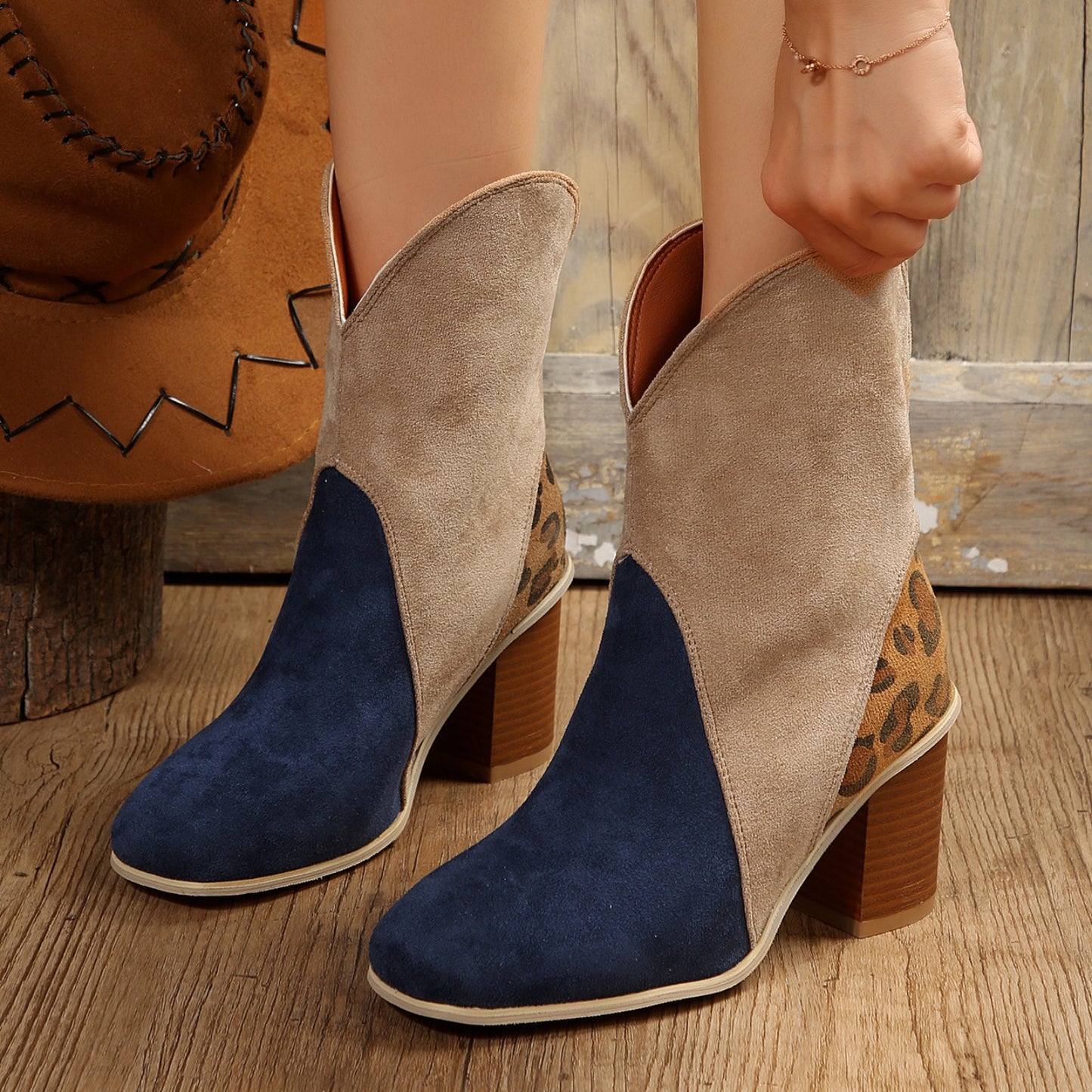 Suede Square Toe Block Heel Boots Dark Blue