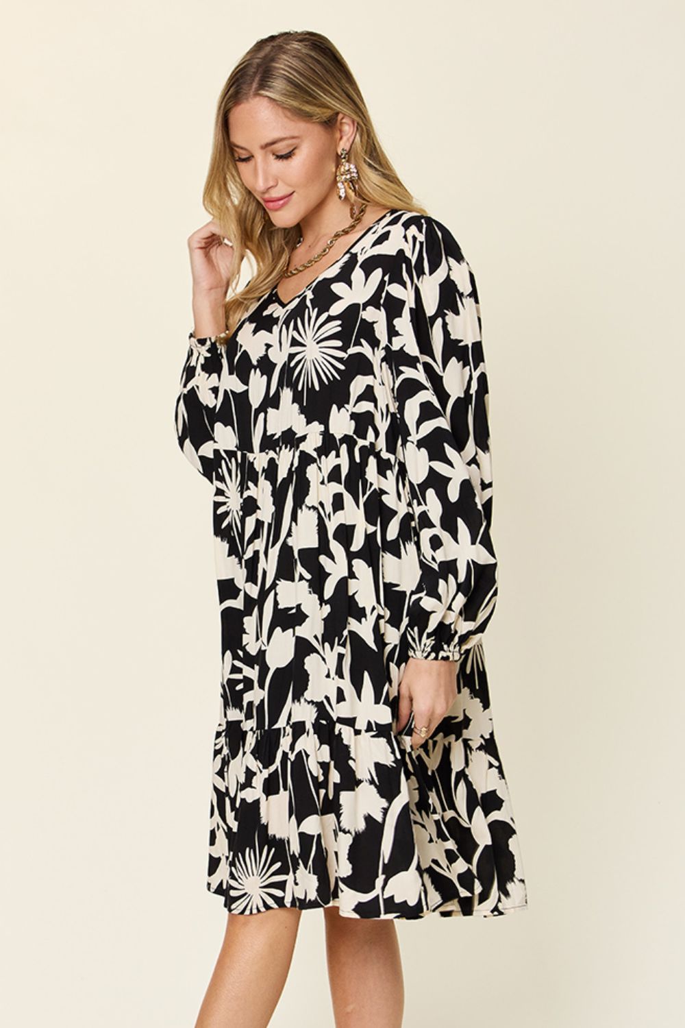 Double Take Full Size Printed Ruffle Hem Long Sleeve Dress