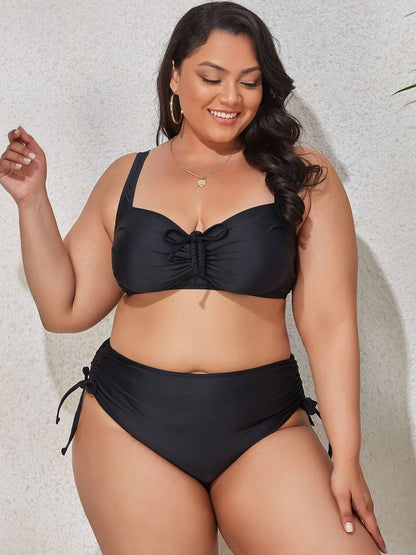 Plus Size Printed Drawstring Detail Bikini Set Black