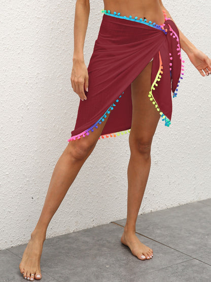 Rainbow Pompom Trim Swim Skirt Burgundy One Size