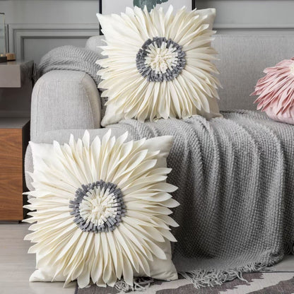 Fashion Modern Style White Throw Pillows Velvet Stitching 3D Chrysanthemum Cushion Waist Pillow Blue Cushion Case