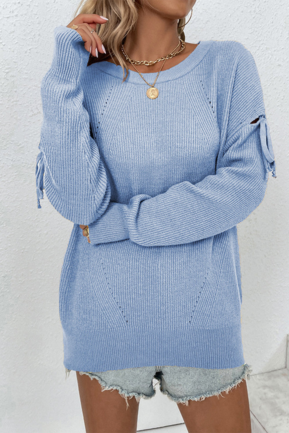 Round Neck Dropped Shoulder Sweater Pastel Blue