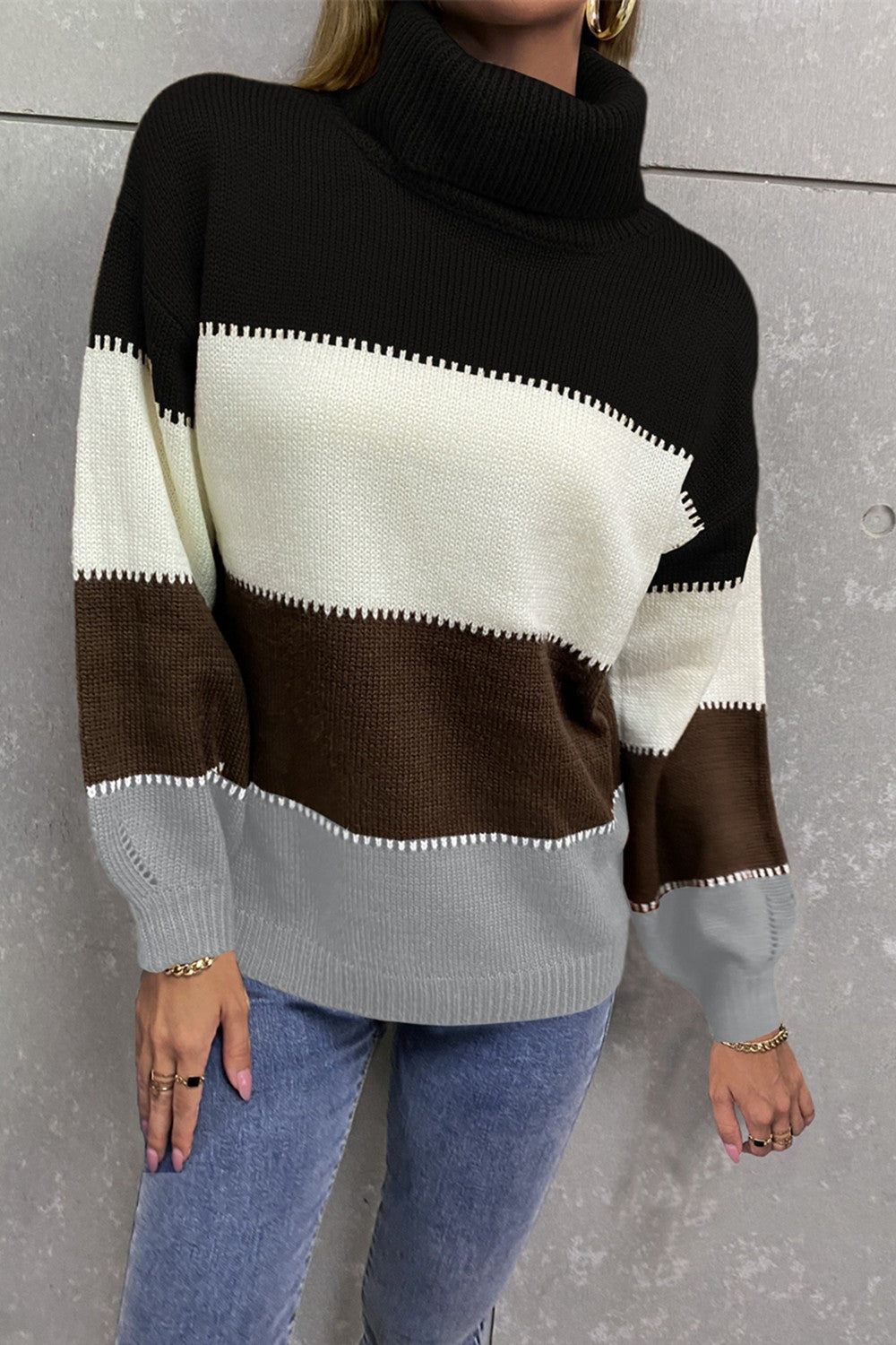 Color Block Lantern Sleeve Turtleneck Sweater Black