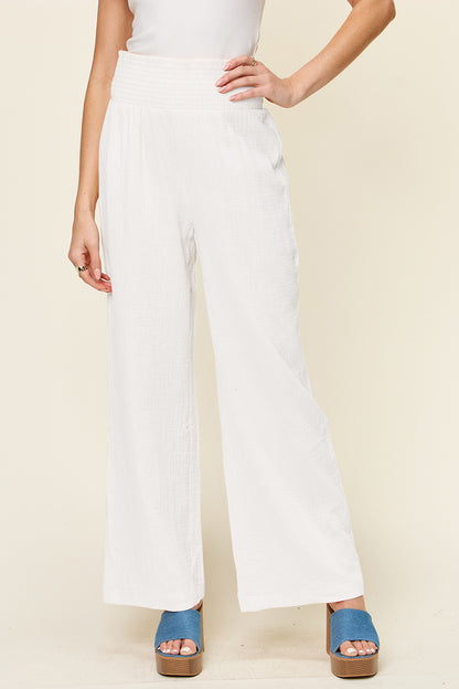 Double Take Full Size Texture Smocked Waist Wide Leg Pants White