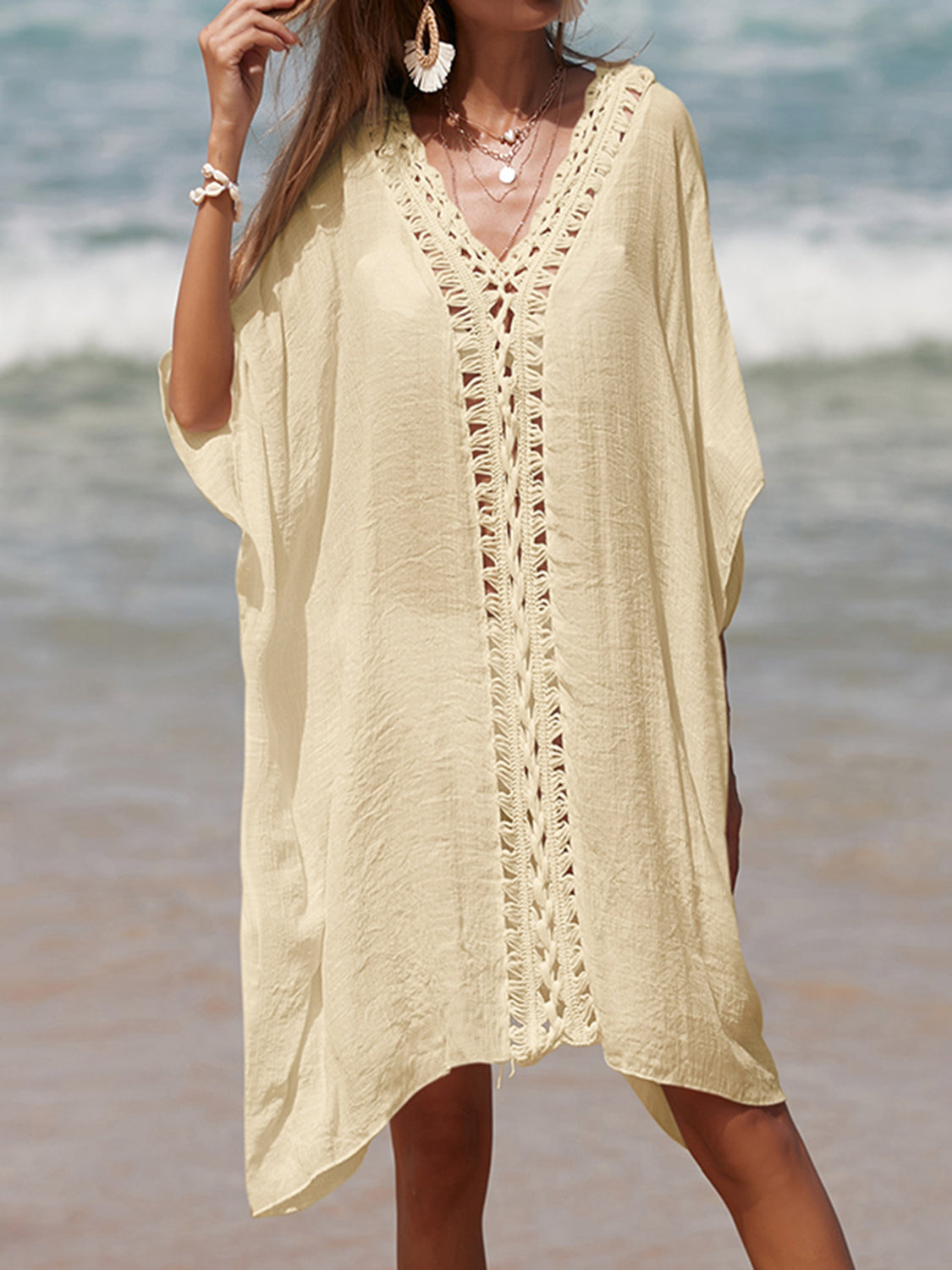 Cutout V-Neck Three-Quarter Sleeve Cover Up Tan One Size