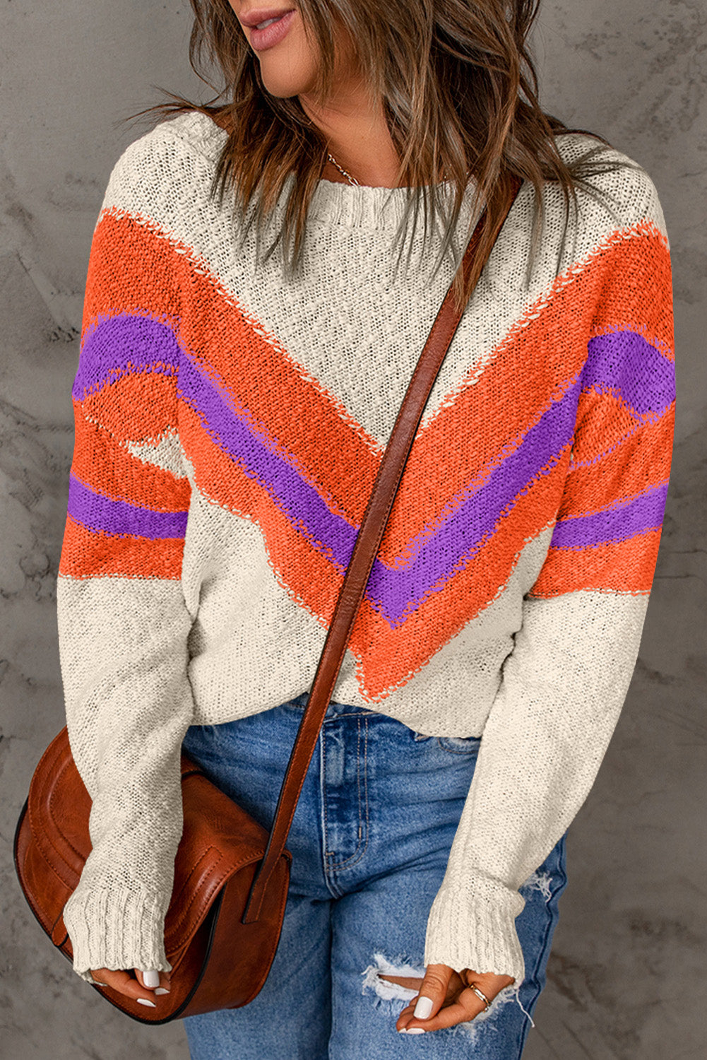 Contrast Round Neck Dropped Shoulder Sweater Purple