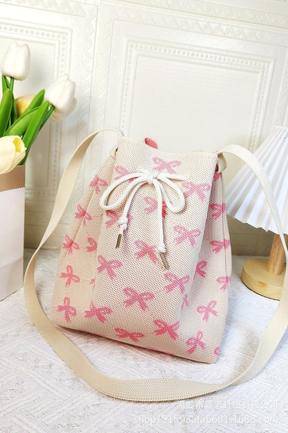 Zenana Ribbon Bowknot Pattern Crossbody Bucket Pink One Size