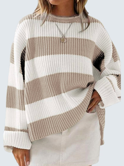 Round Neck Long Sleeve Sweater Khaki