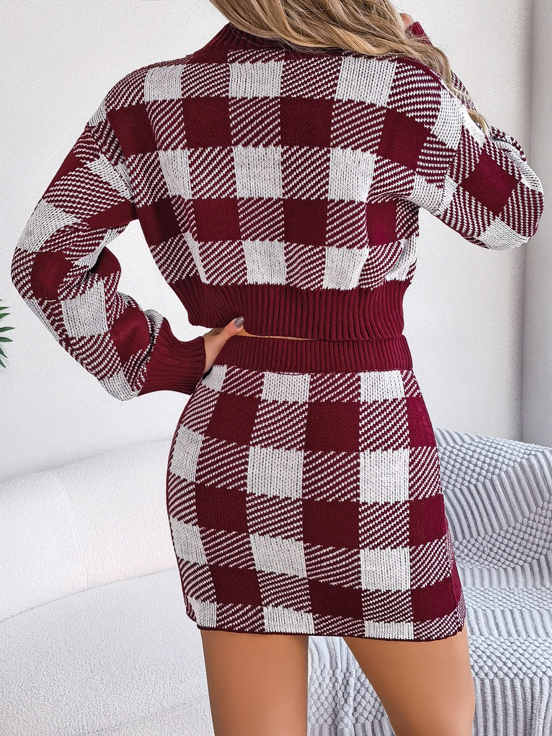 Plaid Round Neck Top and Skirt Sweater Set - Thandynie
